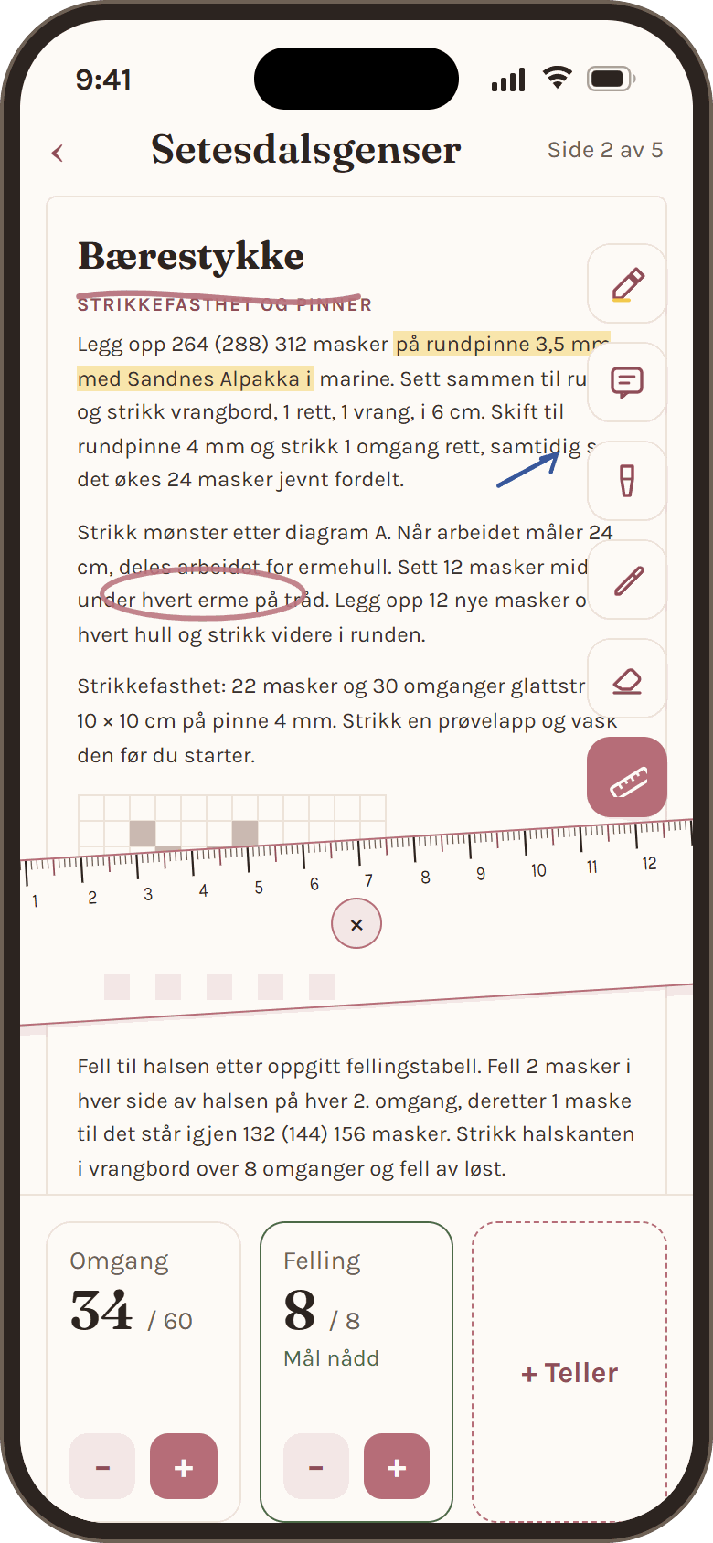 Skjermbilde av PDF-modus: en oppskriftsside med markering og pennestrek, en verktøylinje til høyre med marker, notat, tusj, penn, viskelær og linjal, og en lys linjal med cm-merker lagt skrått over siden.